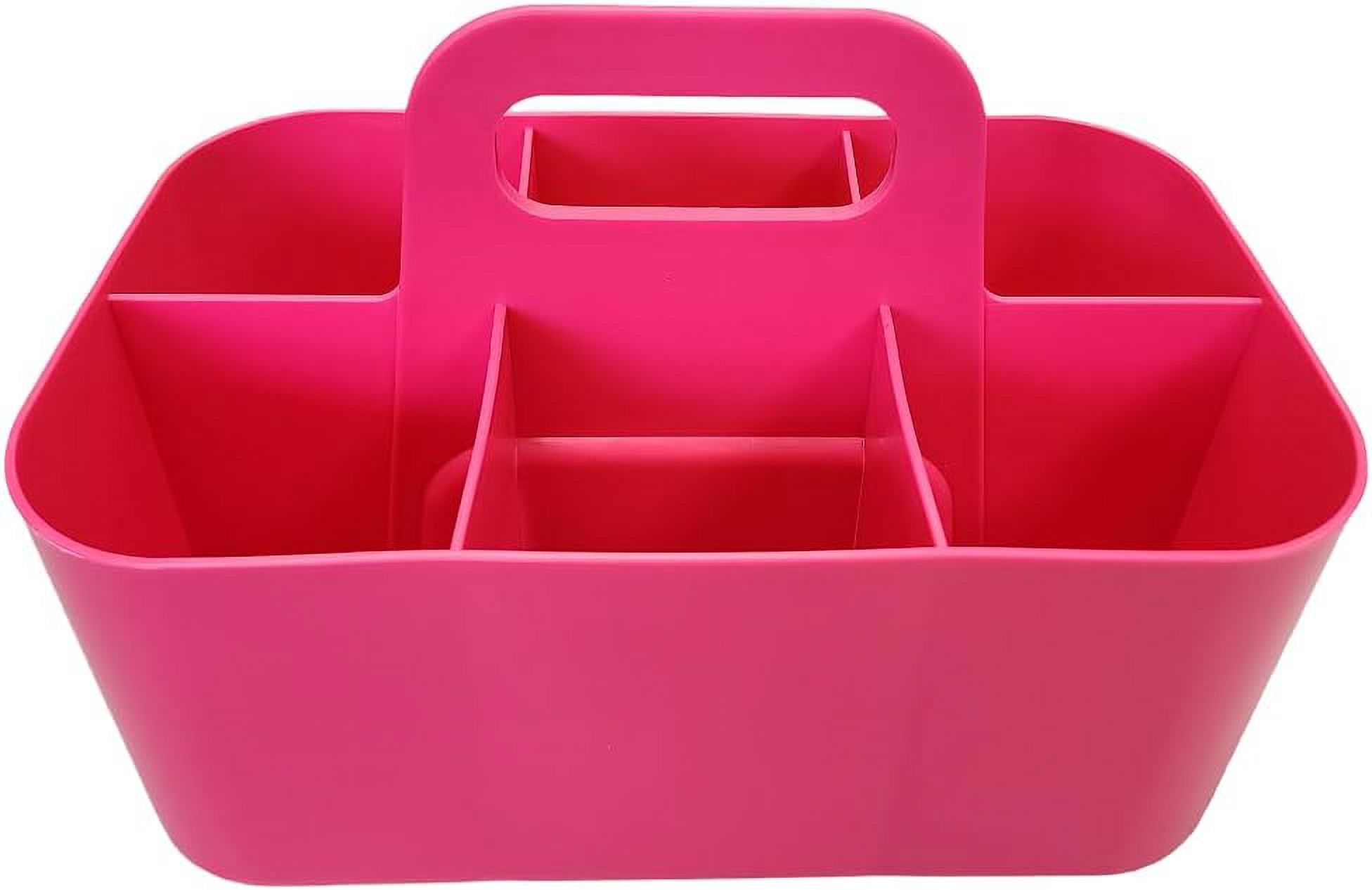 Small Stackable Plastic Caddy with Handle 6 Compartment | Desk, Makeup, Dorm Caddy, Classroom Art Organizers - 4 Pack, Made In USA (Hot Pink)