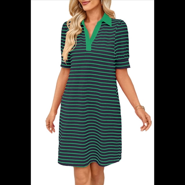 Minivestido Informal de Verano A Rayas con Cuello en V, Corta, Corte A, Holgado, Verde Oscuro, Talla M