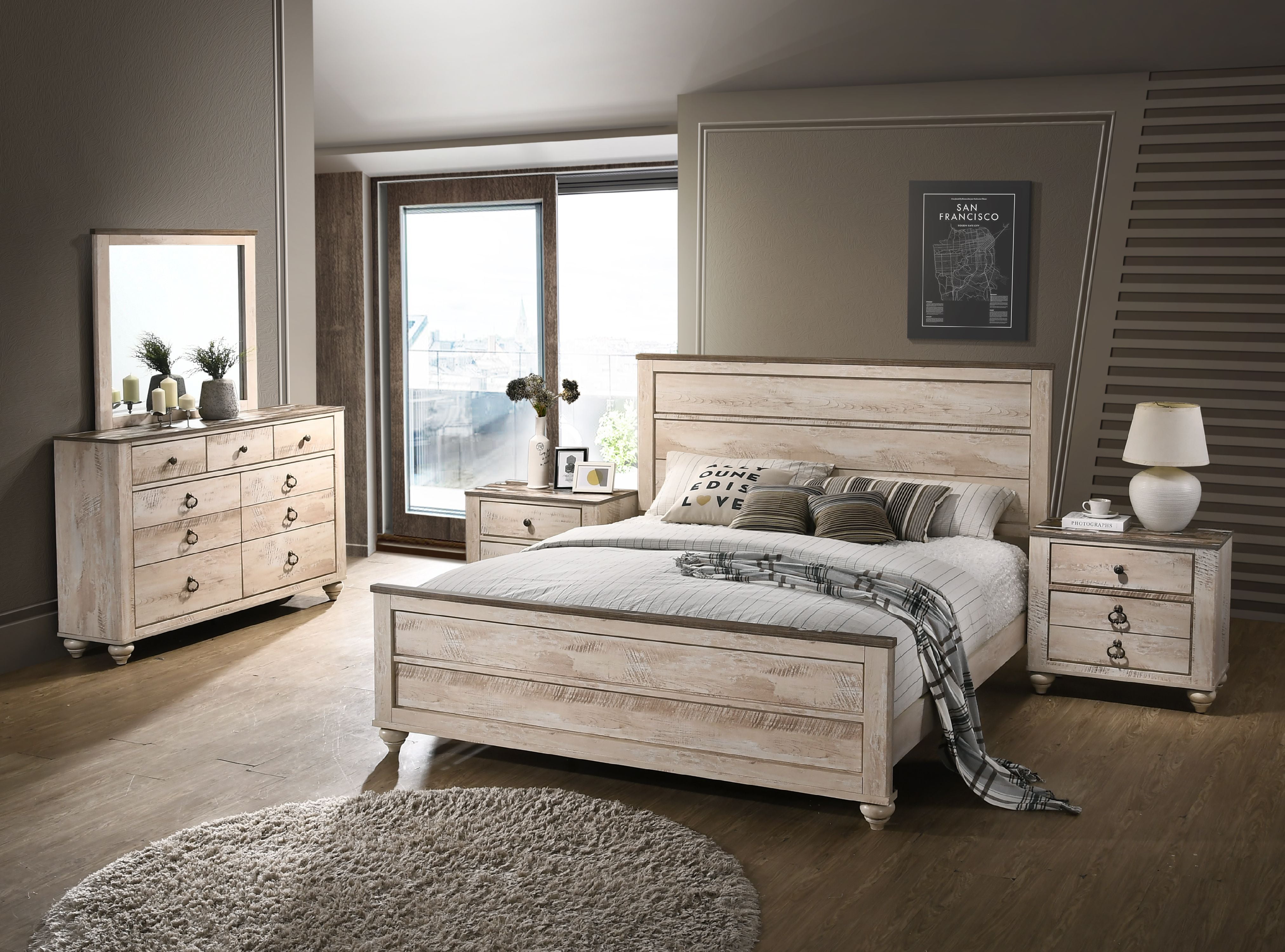 Roundhill Imerland Contemporary White Wash Finish 5 Piece Queen Size Bedroom Set