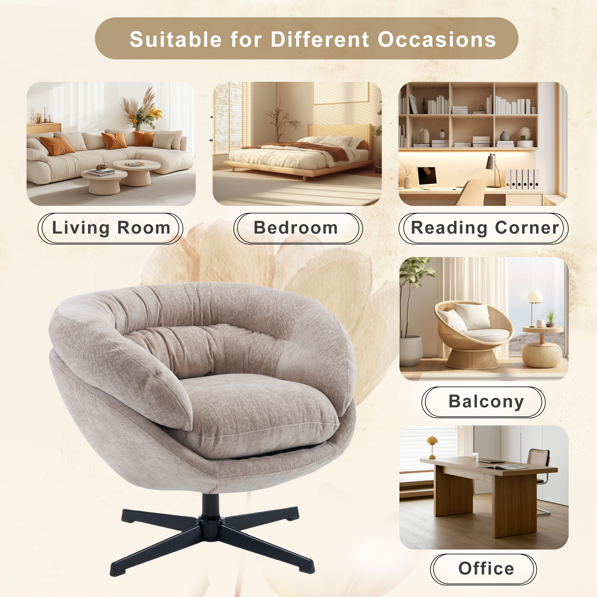 EUROCO 33" Ergonomic Chenille Swivel Chair,Cotton Accent Chair with Soft Thick Removable Cushion and Metal Base,360 Degree Swivel for Living, Bedroom, Reading Room,Brown