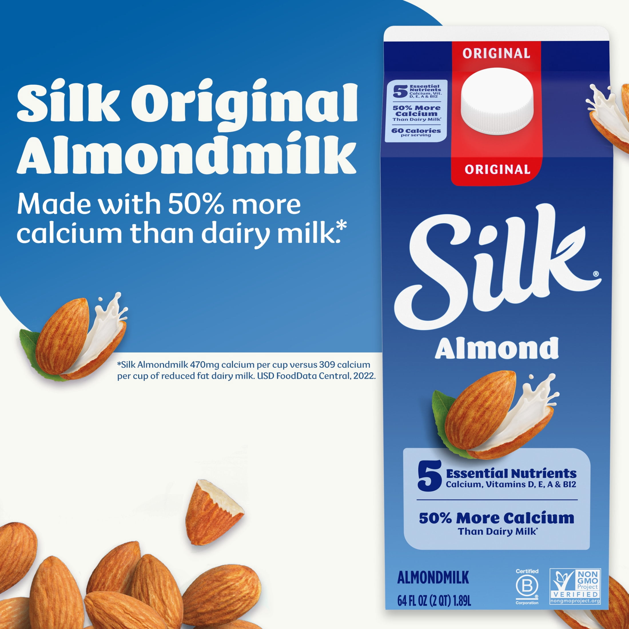 Silk Dairy Free, Gluten Free, Original Almond Milk, Plant Based Milk, 64 fl oz Half Gallon