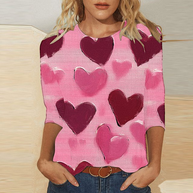 Styesk T-Shirts pour Femmes à Manches 3/4 Longueur, Imprimé Cœur, Hauts de Sortie, T-Shirts Confortables et Doux à Col Rond, Chandail à Enfiler, T-shirt Léger de Mode, Graphique de la Saint-Valentin, Grande Taille, Hauts Décontractés