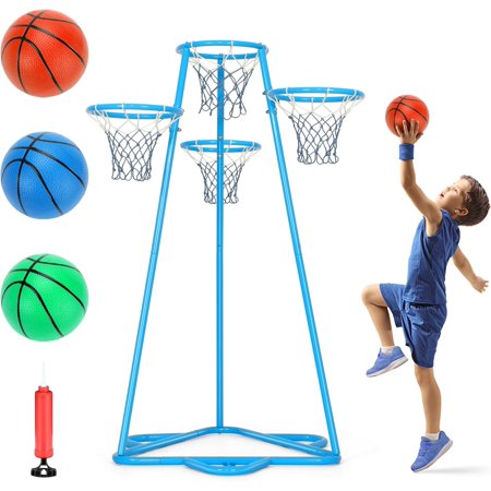Kids Basketball Hoop Portable Basketball Stand Toys Basketball Indoor Outdoor Portable Basketball with 4 Hoops at Varying Heights and 3 Balls Toy Set for Age 3 Years and Up(Pale Blue)