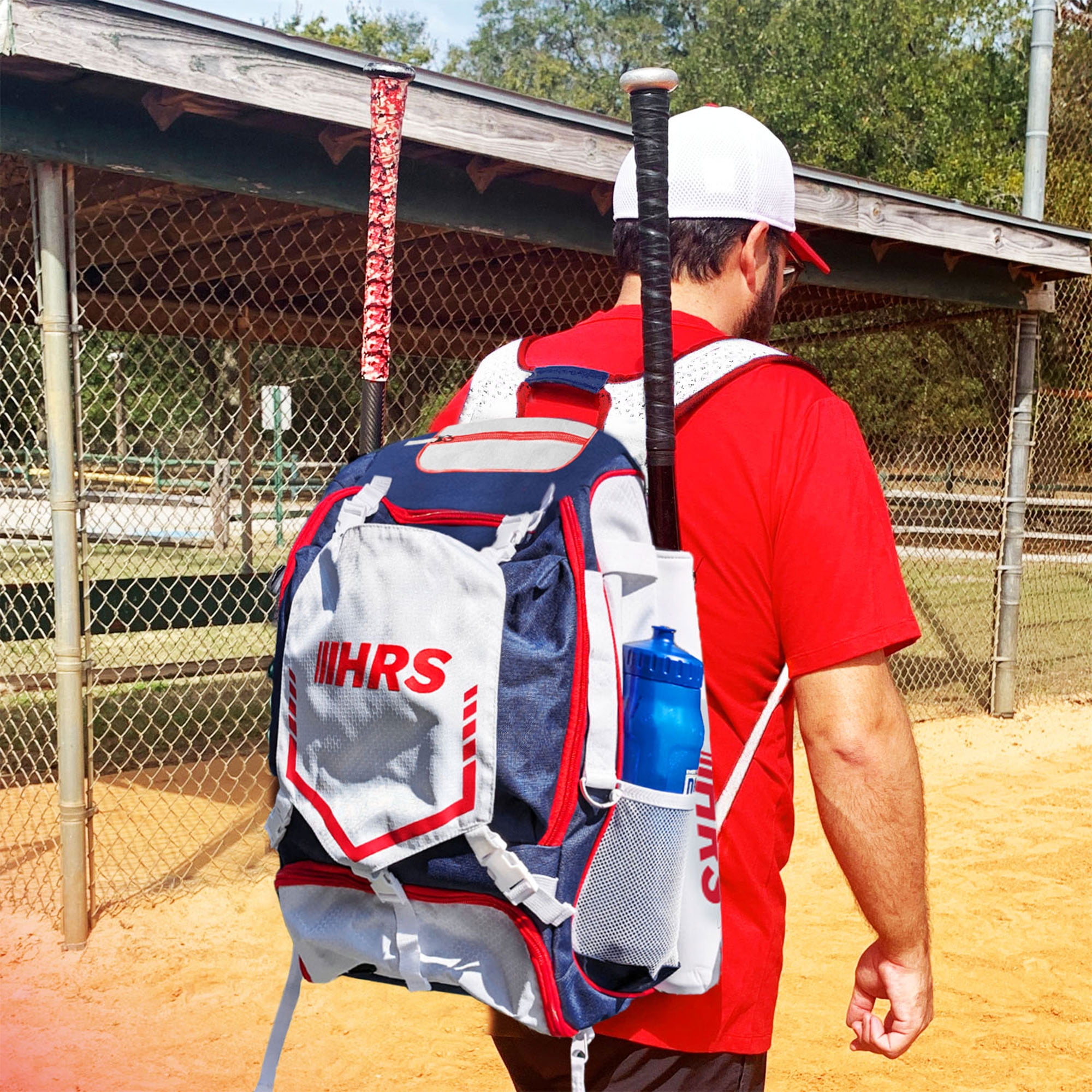 Hit Run Steal Bat Bag Backpack Holds 4 Bats, Glove & Helmet, Red/White/Blue