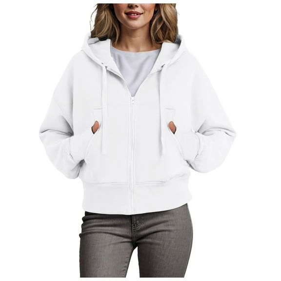 zaveiop Hoodies for Women Zip Up Cropped Sweatshirts Casual Full Zip Jackets 2024 Fall Fashion Clothes with Pockets (White, L)