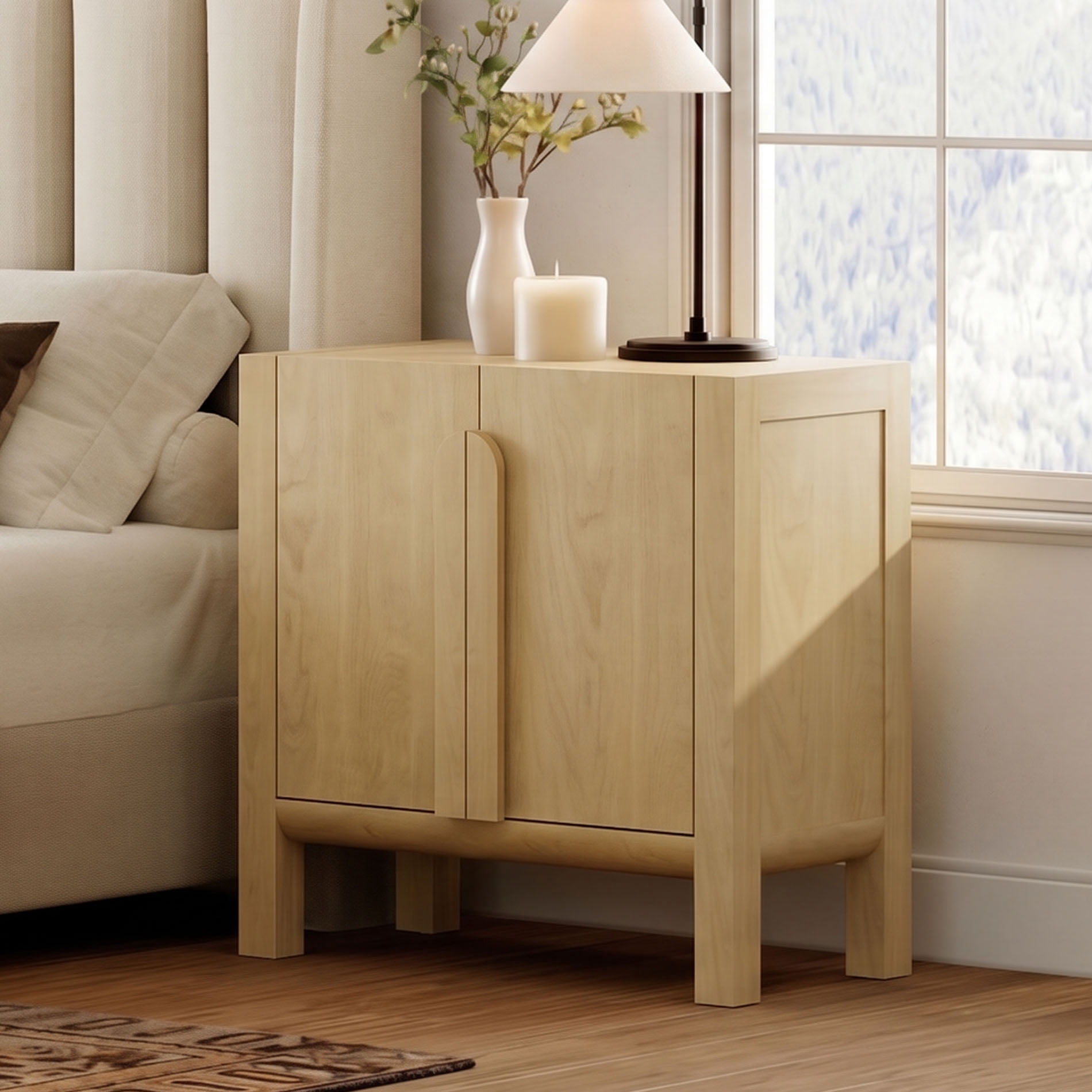 Mid-Century Modern Nightstand with Doors, 31.5" Large End Table, Wooden Bedside Table Storage Cabinet for Bedroom, Living Room,Entryway