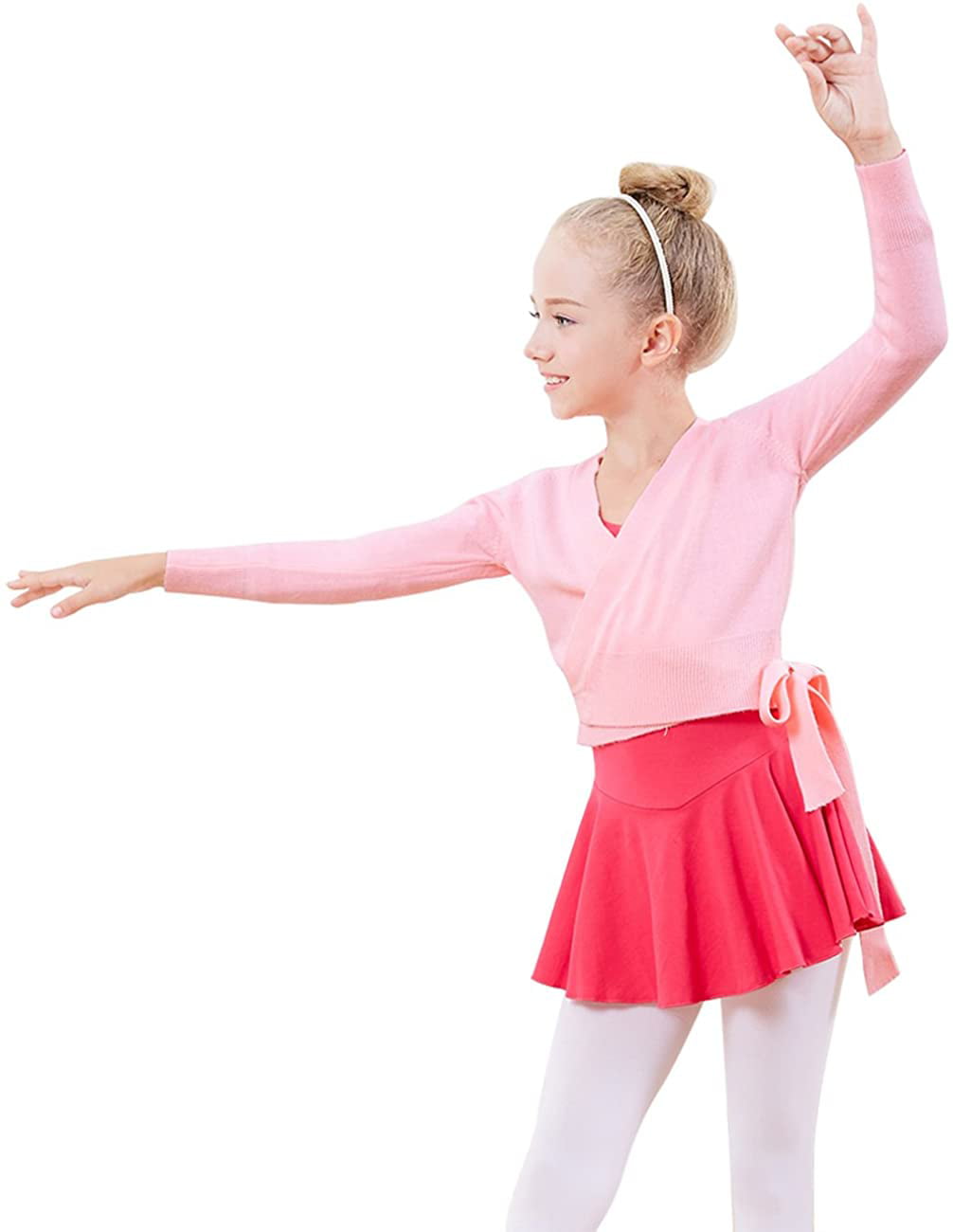 Fldy Kids Girls Ballet Dance Wrap Tops Long Sleeves Dance Crop Tops Knit Cardigan Sweater Tops Front Knot Shrug 