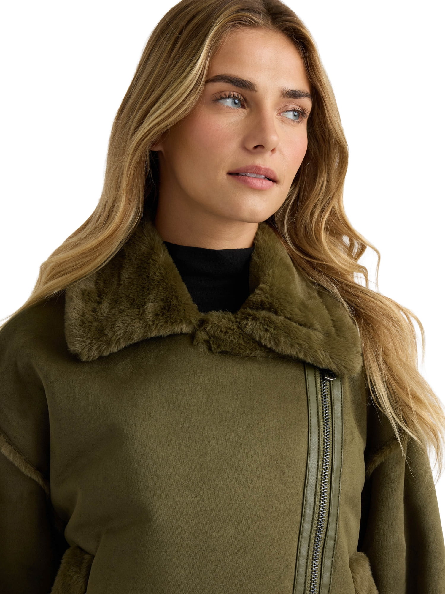 NOVELTI Womens Faux Shearling Short Zip Up Biker Jacket