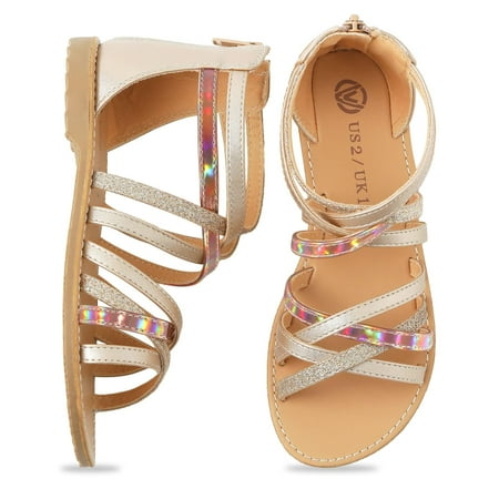 

HOMEHOT Girls Sandals Girls Gladiator Sandals Open Toe Breathable Summer Sandals with Heel Zipper Gold Big Kid 3