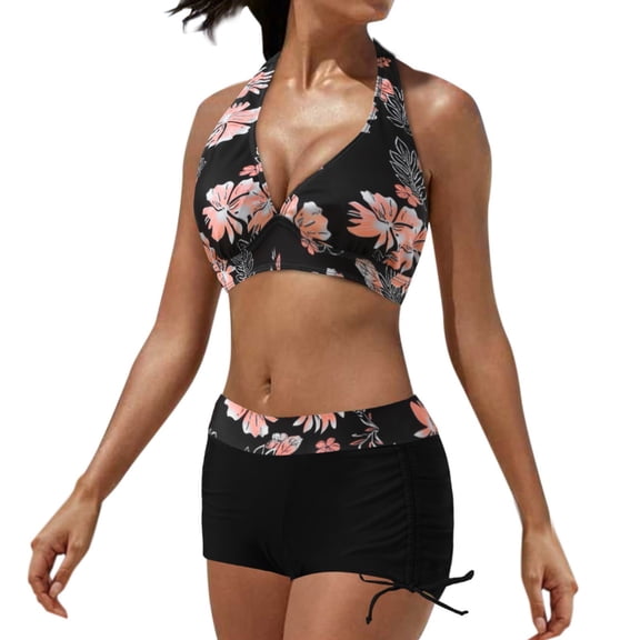XIAONU Womens Floral Print Halter High Waist Bikini Set With Board Shorts Sleeveless V Neck Two Piece Swimsuit Stretchy Tropical Beach Swimwear