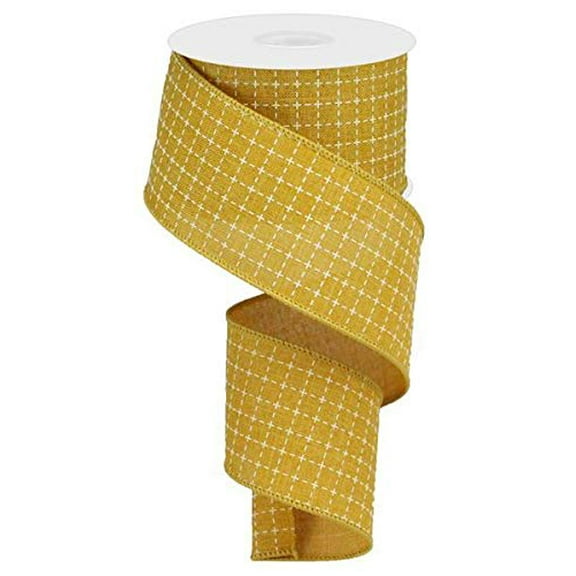 Dark Mustard Yellow White Raised Stitched Squares Wired Ribbon (2.5 Inches x 10 Yards)