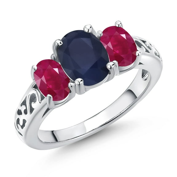 Gem Stone King 925 Sterling Silver Blue Sapphire and Red Ruby Filigree Style 3 Stone Ring for Women (3.00 Cttw, Oval 8X6MM and 6X4MM) (Size 7)