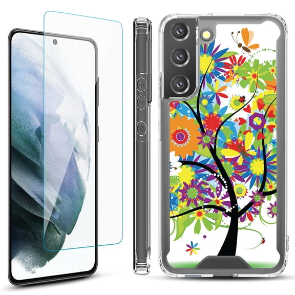 Shockproof Bumper Phone Case for Samsung Galaxy S22  / S22 Plus 5G, with Tempered Glass Screen Protector, by OneToughShield ® - Colorful Tree