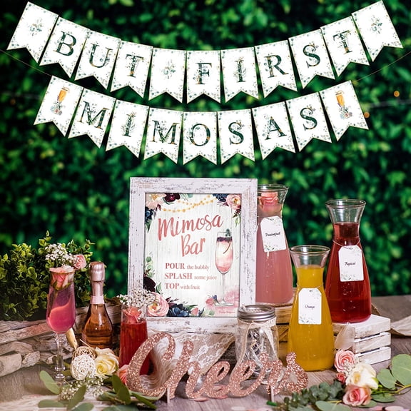 Rustic Boho Mimosa Bar Kit - Vintage Floral Bohemian Mothers Day Brunch Decor w/ Pink Burgundy Flowers Lace Rose Gold Bridal Shower Decoration Supplies Baby Girl Birthday Bubbly Banner