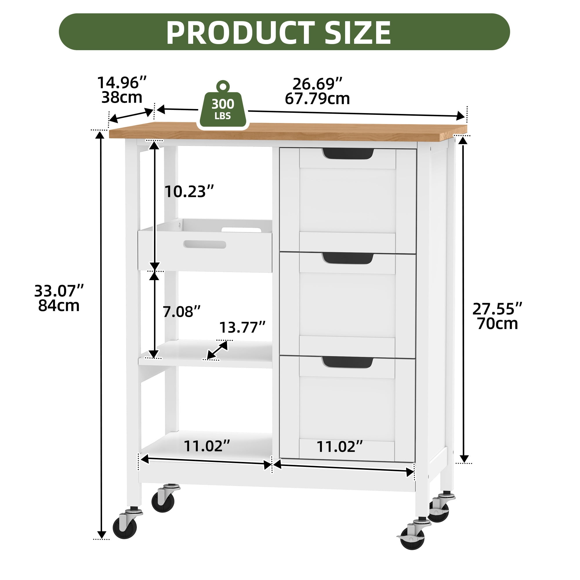 Uforic Wood Rolling Kitchen Cart, Mobile Storage Trolley with Drawers & Shelves, Solid Wood Top & Lockable Casters, White