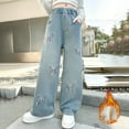thumbnail image 2 of Girls' Fleece Lined Wide Leg Jeans With Butterfly Embroidery Soft Denim Pants, 2 of 8