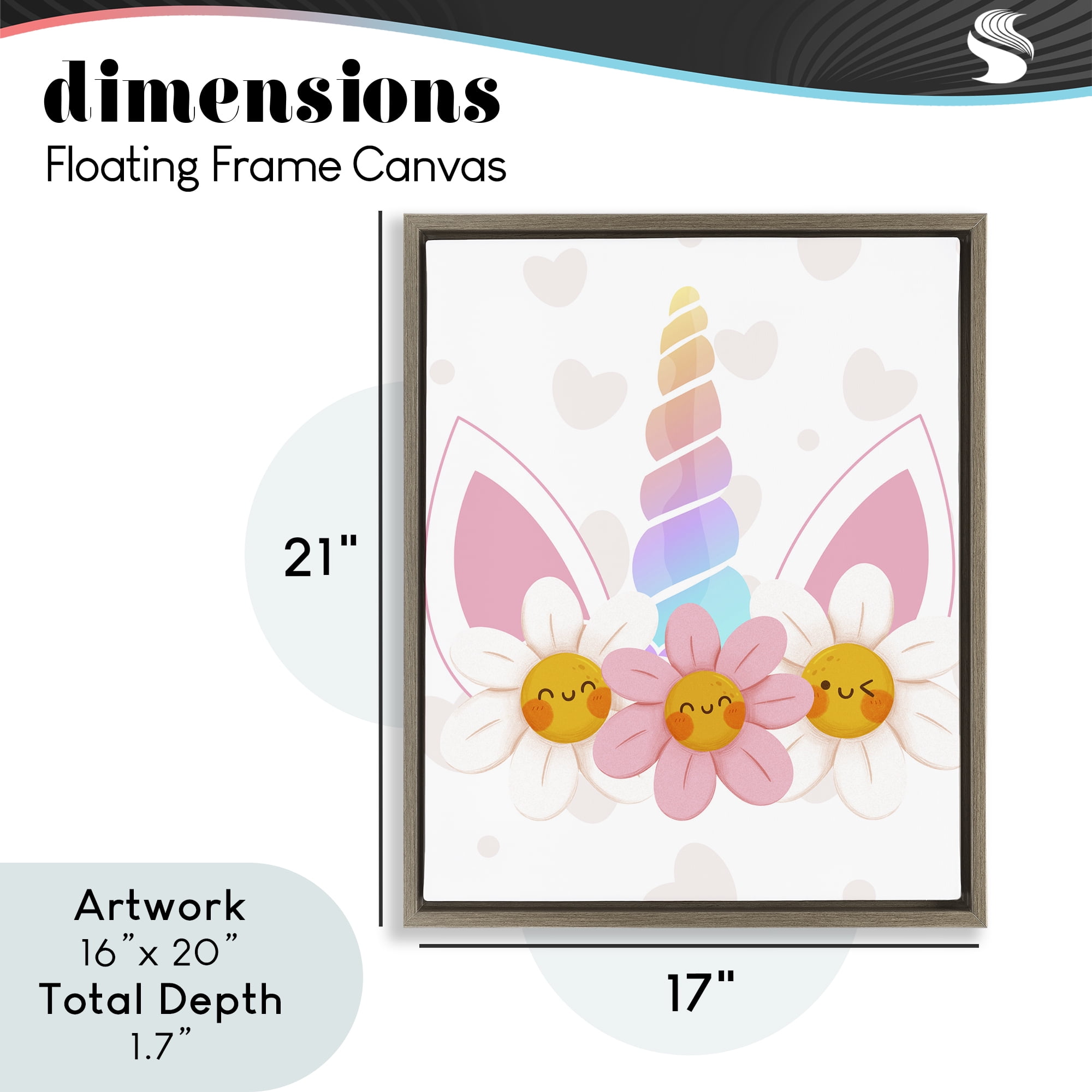 Daisy Unicorn with Hearts Brown Framed Floater Canvas Wall Art, design by Jesse Keith