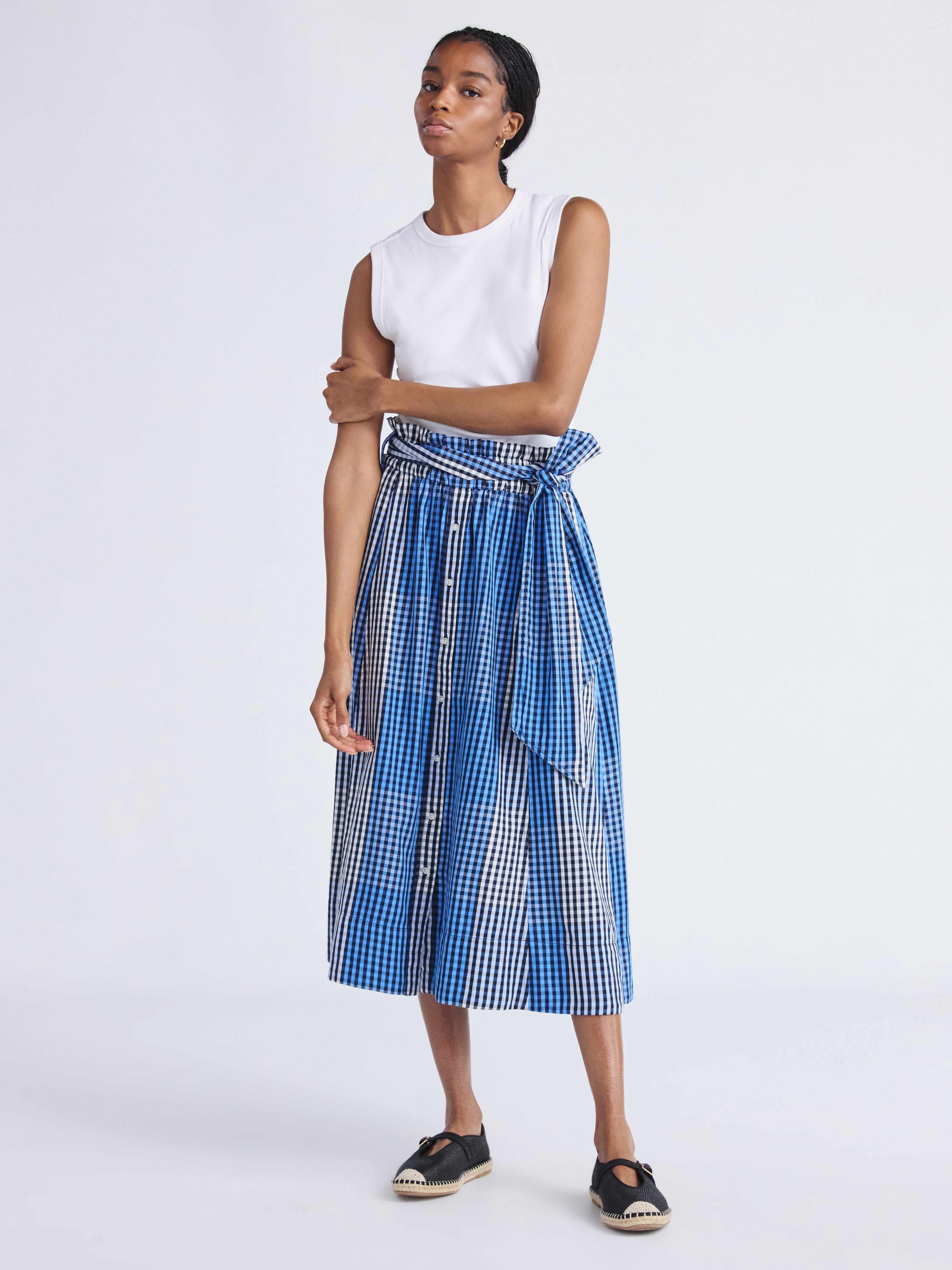 Free Assembly Women's and Women's Plus Cotton Button Front Midi Skirt with Paperbag Waist, Sizes XS-4X