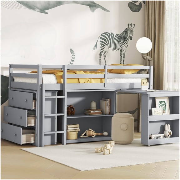 CHAMPFLAG Twin Size Loft Bed with Desk and Storage, Space Saver Study Bed with Pull Out Table and Shelves in Grey Rubber Wood