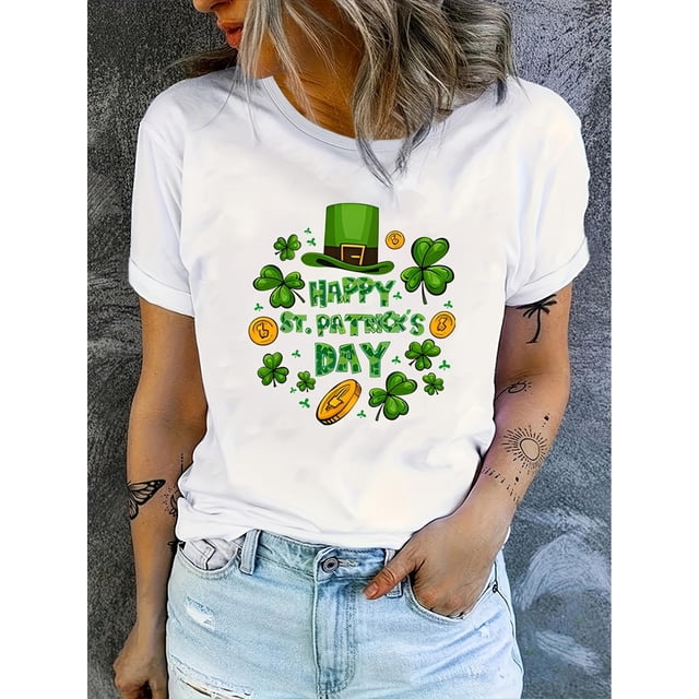 St. Patrick's Day Creative Print T-Shirt, Fashion Casual Crew Neck Short Sleeve Sport T-Shirt, Casual Daily Tops, Spring Summer New Top