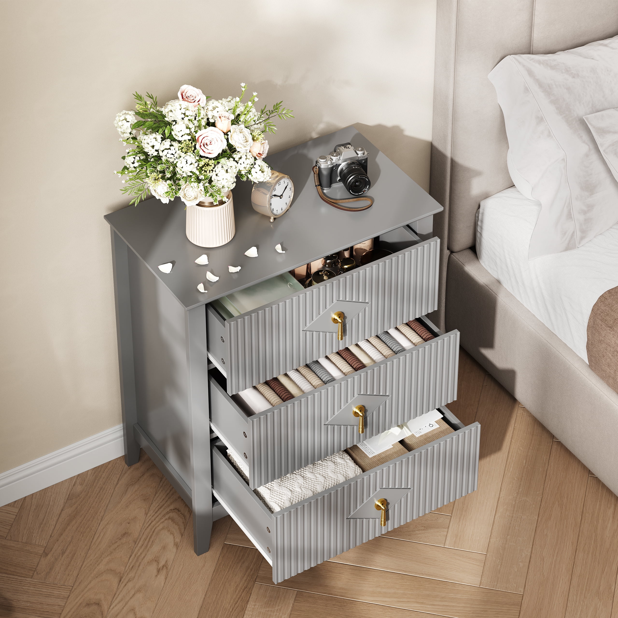 Gray Fluted Dresser for Bedroom, 32 Inch Wide Nightstand with Large Drawer, 3 Drawer End Table for Bedroom, Living Rooms, Offices, and Entryways