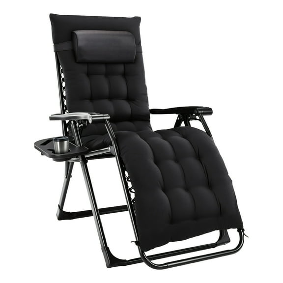 Chair Recliner for Outdoor, Adjustable Reclining Lounge Chair with Padded Removable Cushion, Dual Cup Holders & Side Tray - Portable Folding Recliner Chair for Camping, Beach, Outdoor Chair Cushions