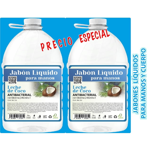 Twin Pack Leche de Coco VivoNatural Jabón Líquido Antibacterial para manos y cuerpo 5 litros