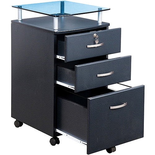 Vetro Rolling File Cabinet With Glass Top And 3 Drawers Graphite