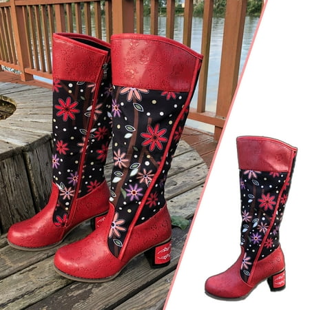 

Women Boots Cowboy Boots Vintage Embroidery Flower Chunky Mid-Heels Wide Mid Calf Boots Retro Shoes