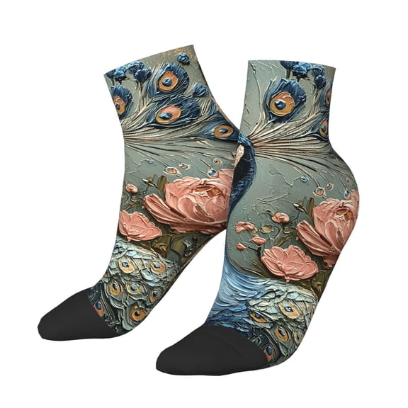 Low Cut Unisex Novelty Crew Socks Casual Ankle Socks for Men Women, Peacock Flowers