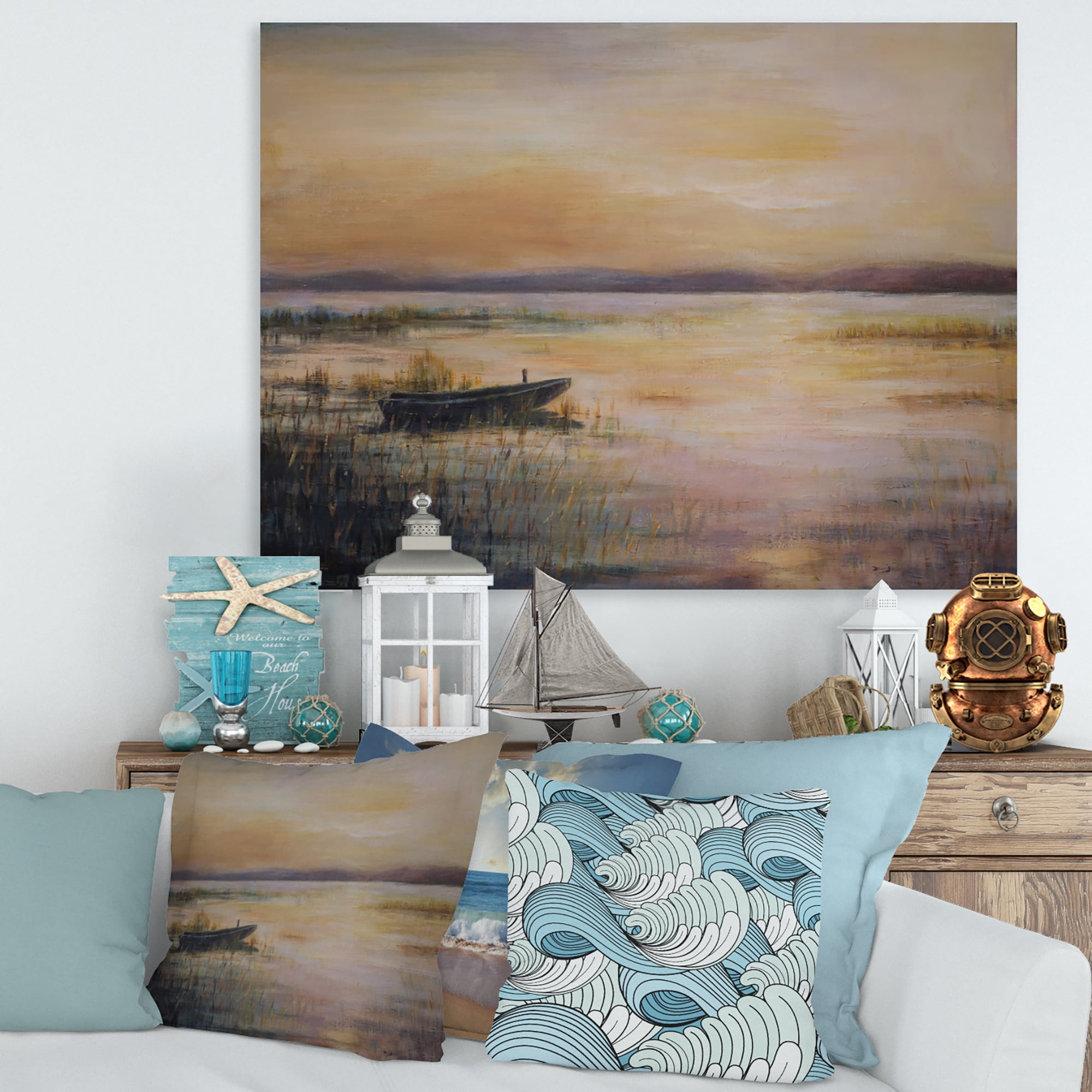 Designart ' Pastel Boat Sunset Over The Lake ' Nautical & Coastal Canvas Wall Art Print