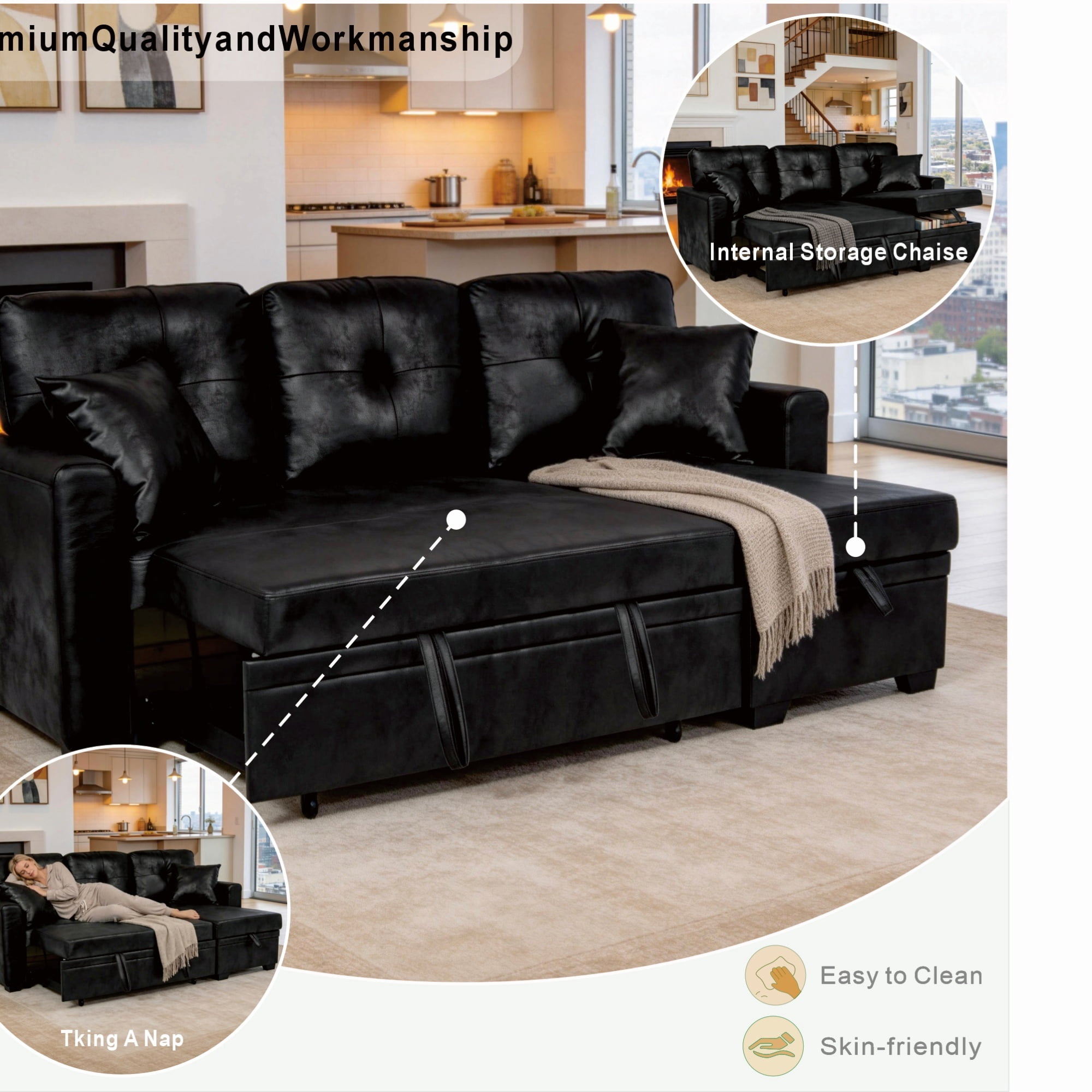 Pull-Out Convertible PU Leather Sectional Sofa Set with Reversible Chaise Lounge, Sleeper Loveseat Couch with Hidden Storage