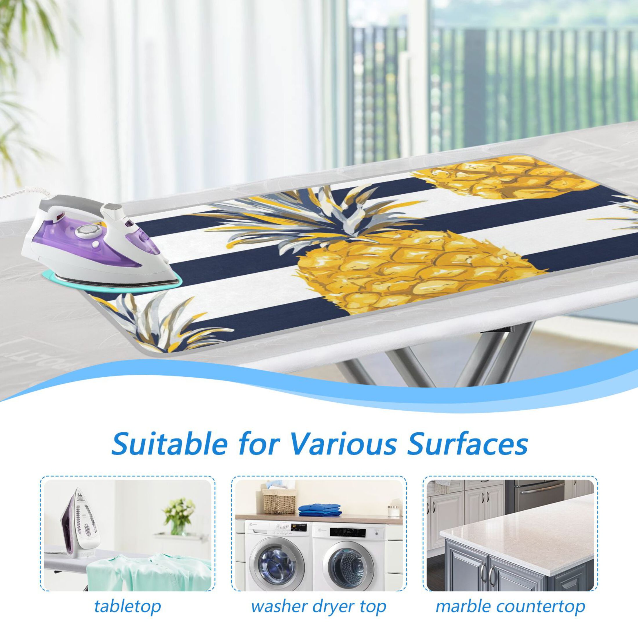 Navy Blue Stripes Pineapples Cute Ironing Mat Blanket Portable Travel Ironing Pad Heat Resistant Pad 47.2" x 27.6”