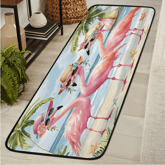 CURLYOOT Beach Cool Flamingo Tropical Runner Rug 2'x6' Washable Kitchen Runner Rug Indoor Non Slip Laundry Rugs Floor Carpet for Hallway Kitchen Entryway Bedroom Living Room