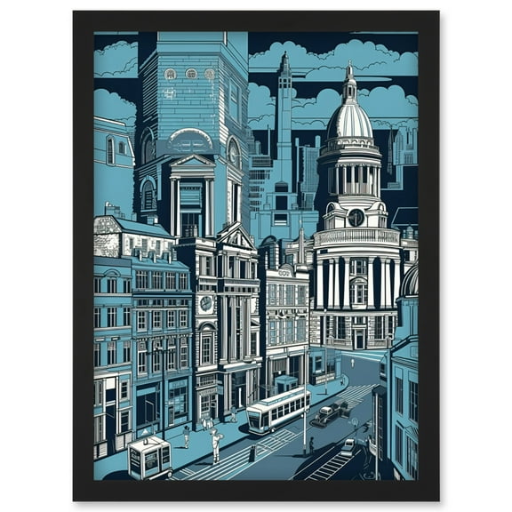 Belfast Cityscape City Centre Hall Linocut Style Artwork Framed Wall Art Print A4