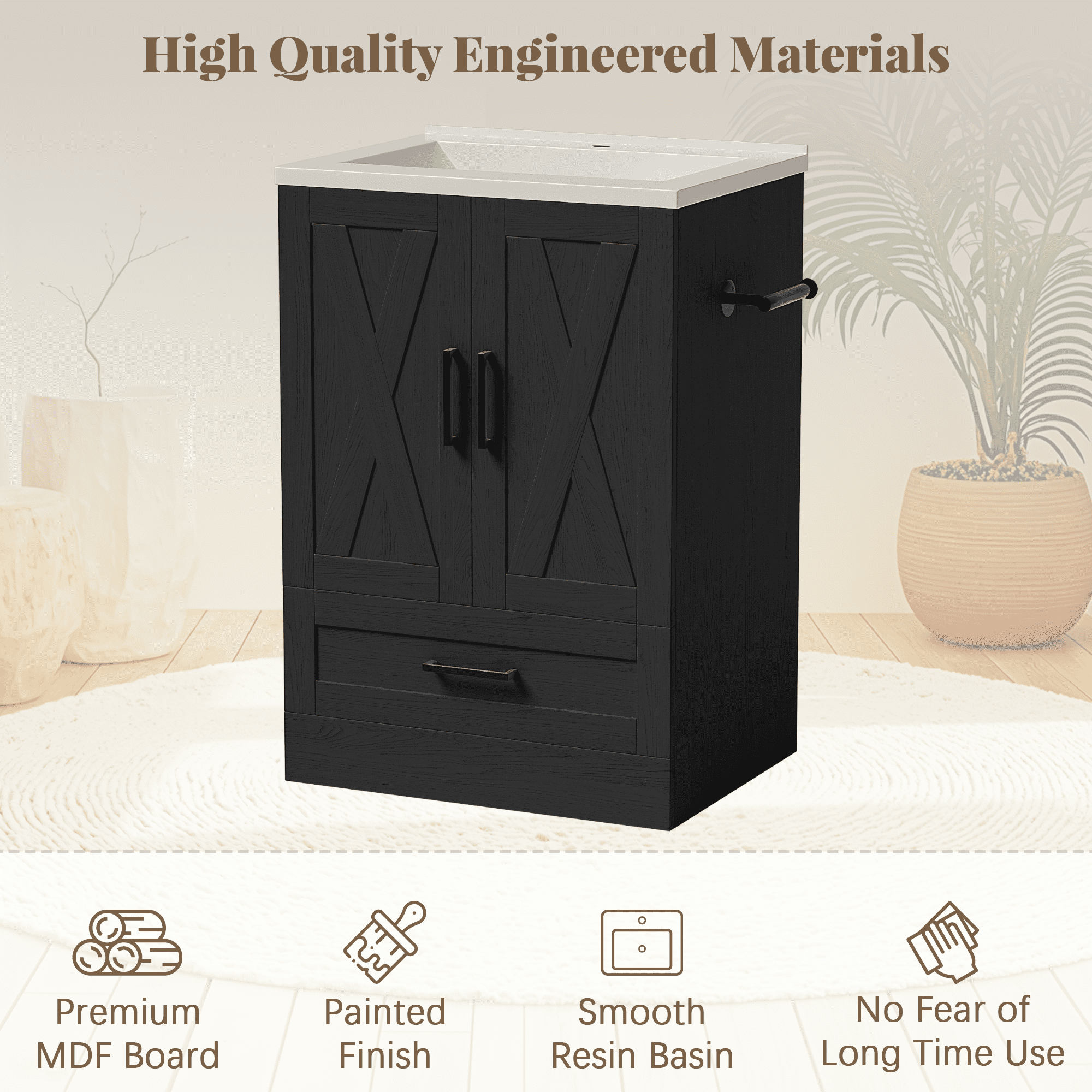 Lacoo 24" Bathroom Vanity with Sink Basin, Farmhouse Bathroom Storage Vanity Cabinet with 2 Doors & 1 Drawer, Freestanding Bathroom Cabinet with Washbasin, Black