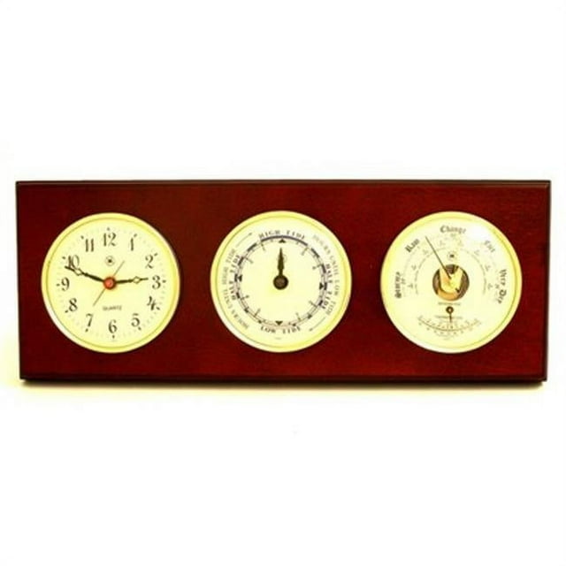 Bey-Berk International WS218 Brass Quartz Tide Clock & Barometer with Thermometer - Mahogany
