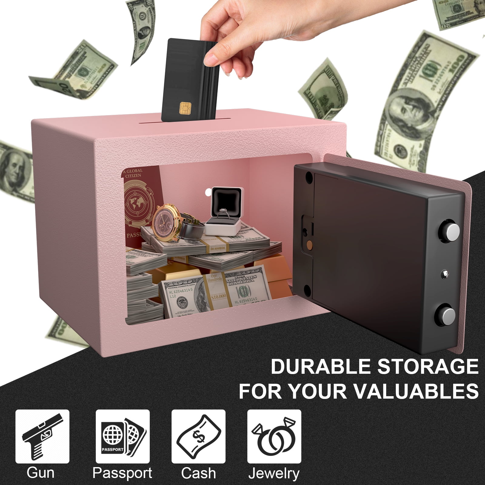 Marcree Mini Safe, 0.23 Cubic Pink Safe Box, Key Lock Box with Code, Steel Security Box with Key, Safe for Money, Jewelry, Hotel or Business, Pink Lock Boxes for Personal Items, Electronic Lock