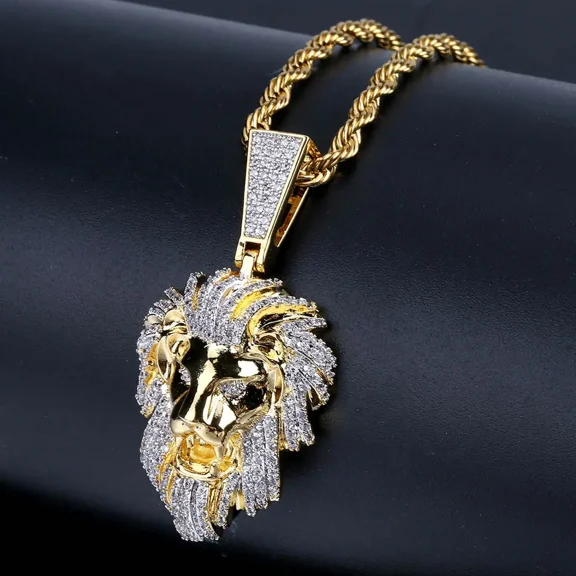 Hip Hop Micro Paved AAA  Cubic Zirconia Iced Out Bling Male Lion 14K Yellow Gold Pendants Necklace for Men Rapper Jewelry