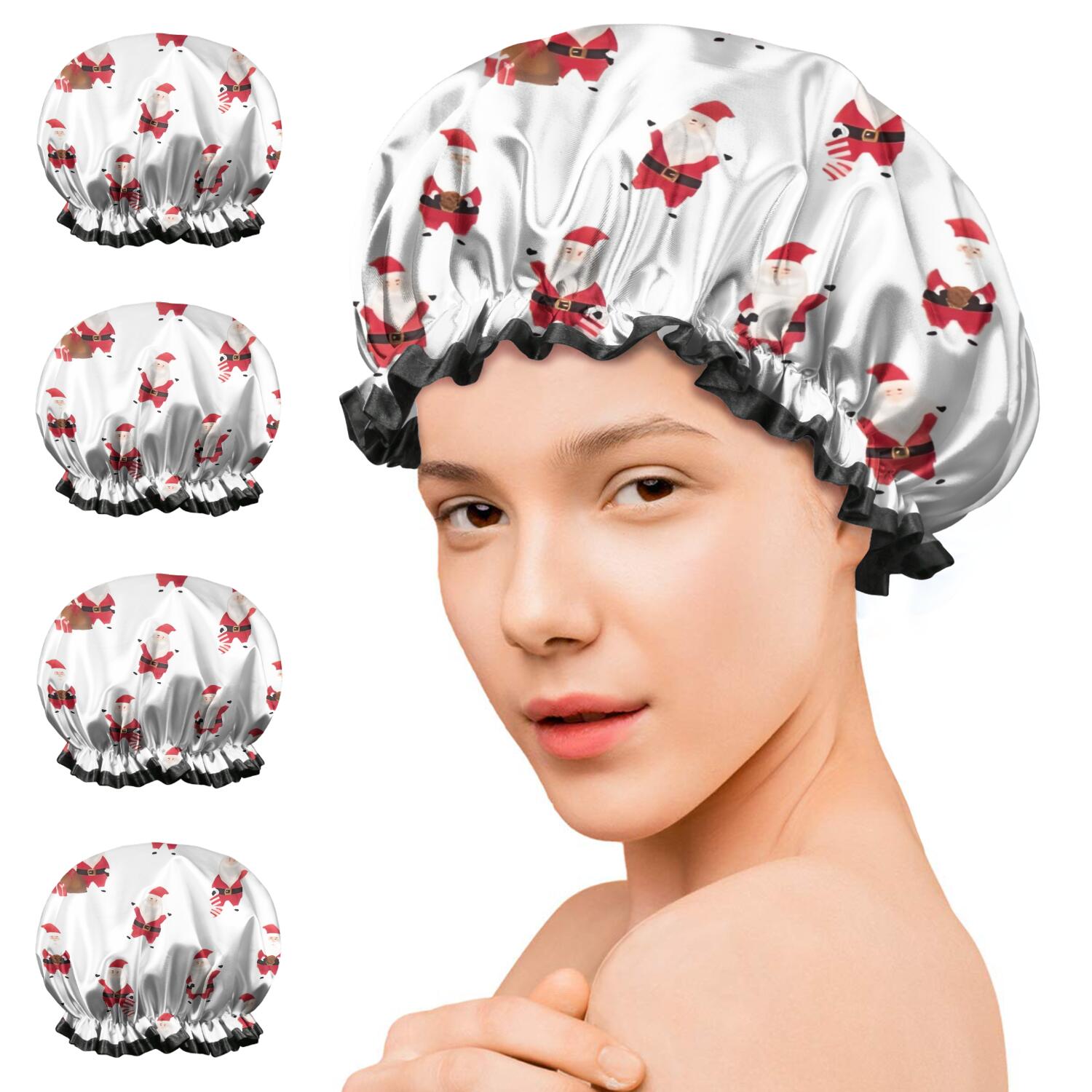 Shower Caps,White Christmas Santa Pattern Waterproof Shower Cap for Women 4 Pieces,Double Reusable Hair Cover for Shower PEVA Elastic Stretch Hem