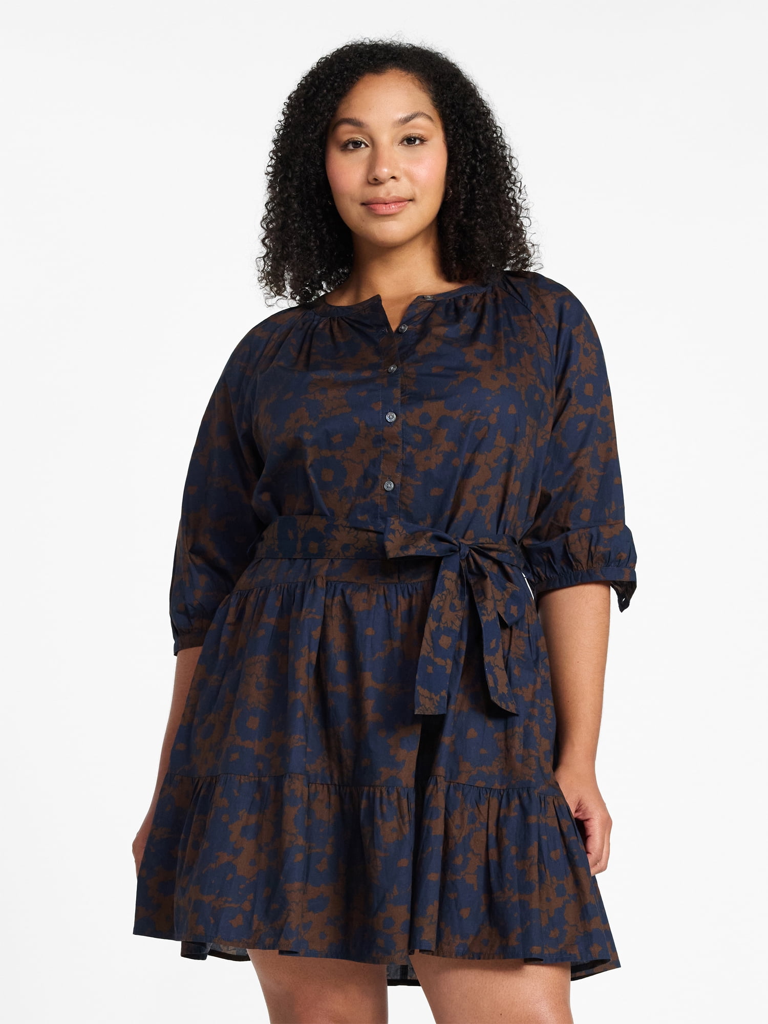 Time and Tru Women's Cotton Tiered Mini Dress with Ruffle Hem, Sizes XS-XXXL