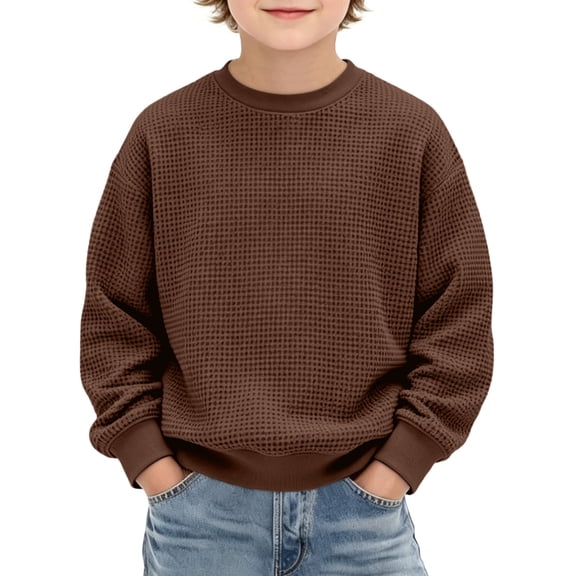 Tdoqot Boys Waffle Knit Sweatshirt Crewneck- Long Sleeve Fashion Casual Fall Winter Kids Basic Tops Brown Size 4-12