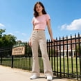 thumbnail image 3 of XINXIAOO School Uniform Pants for Girls Formal Flare Leg Cargo Pants Pull On Chino Elastic Waist with Pockets Girls Beige Uniform Pants Preppy Clothes 13-14 Years, 3 of 7