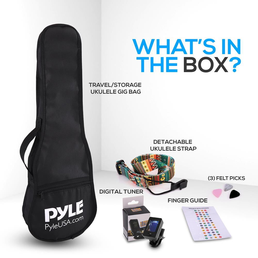 Pyle PRTPUKTKIT10 - Ukulele Accessory Kit - Handy Tuner, Sturdy Gig Bag, Detachable Ukulele Strap with 3 pcs. Felt Picks & Finger Guide