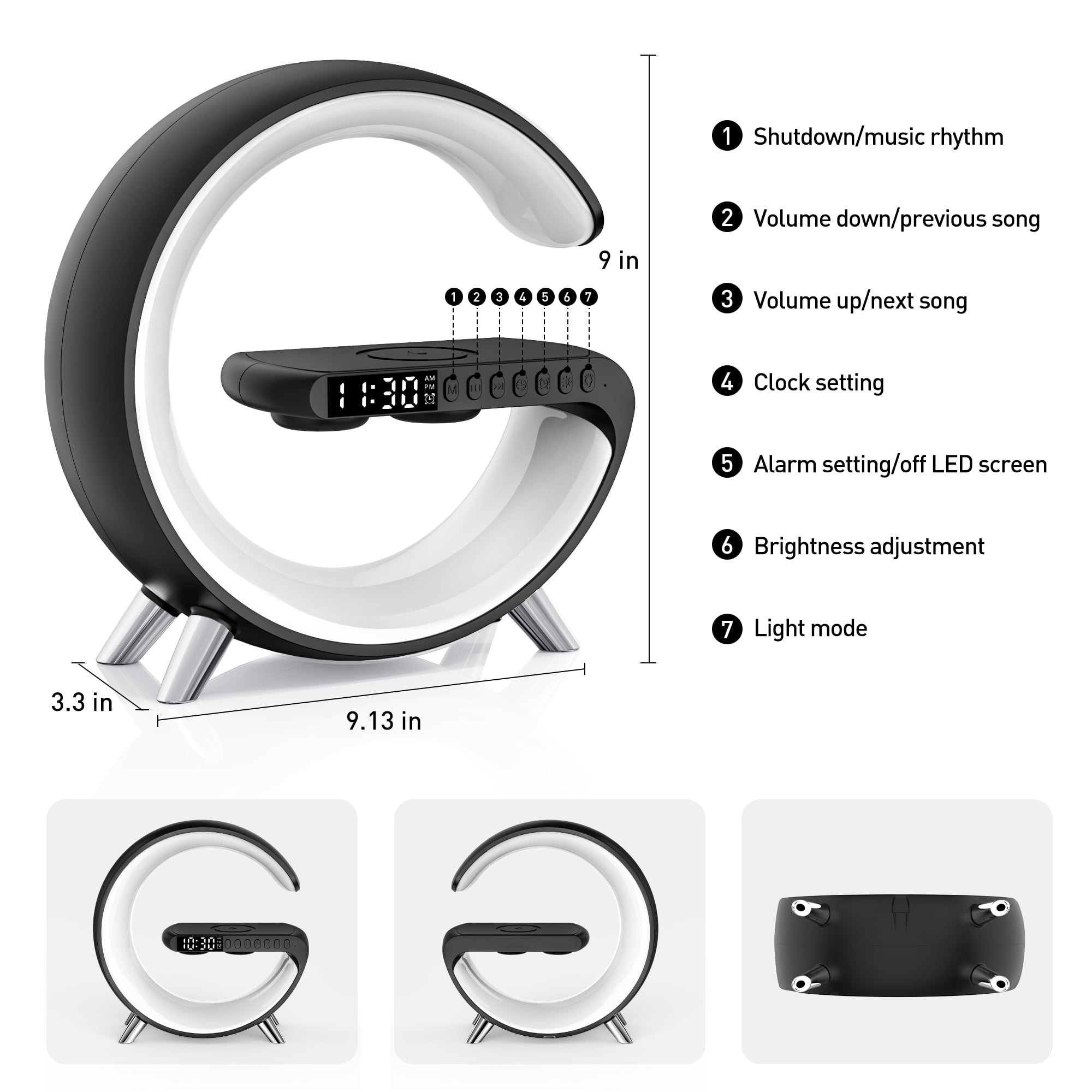 GPED Bluetooth Atmosphere Lamp Alarm Clock, 15W Fast Wireless Charger, Dimmable Night Light