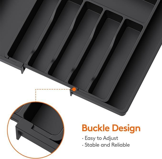 Extra Large Expandable Silverware Organizer, BPA-Free Food-Safe Cutlery Flatware Organizer, Kitchen Utensil Drawer Organizer, Adjustable Silverware Holder for Spoons Forks Knives, Black