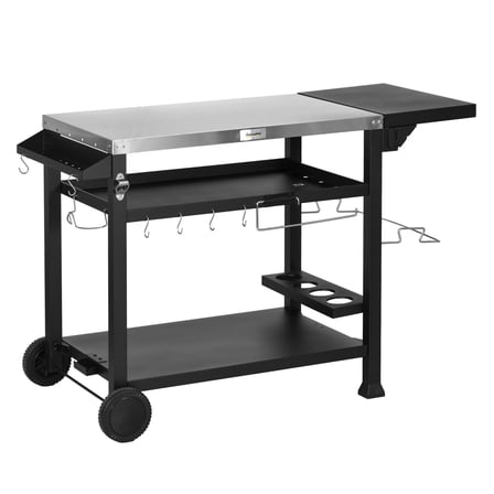 Grill Cart Stainless Steel, 46" Outdoor Pizza Oven Stand, Folding Prep Table with Shelves, Black