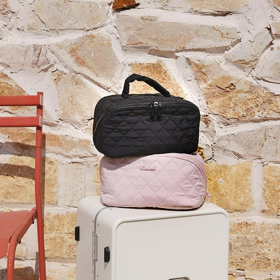 Travel Makeup Bag for Women, 2Pcs Set Puffer Waterproof Cosmetic Organizer with Handle & Divider, Large Capacity Open Flat Toiletry Bag, Portable Gift for Her