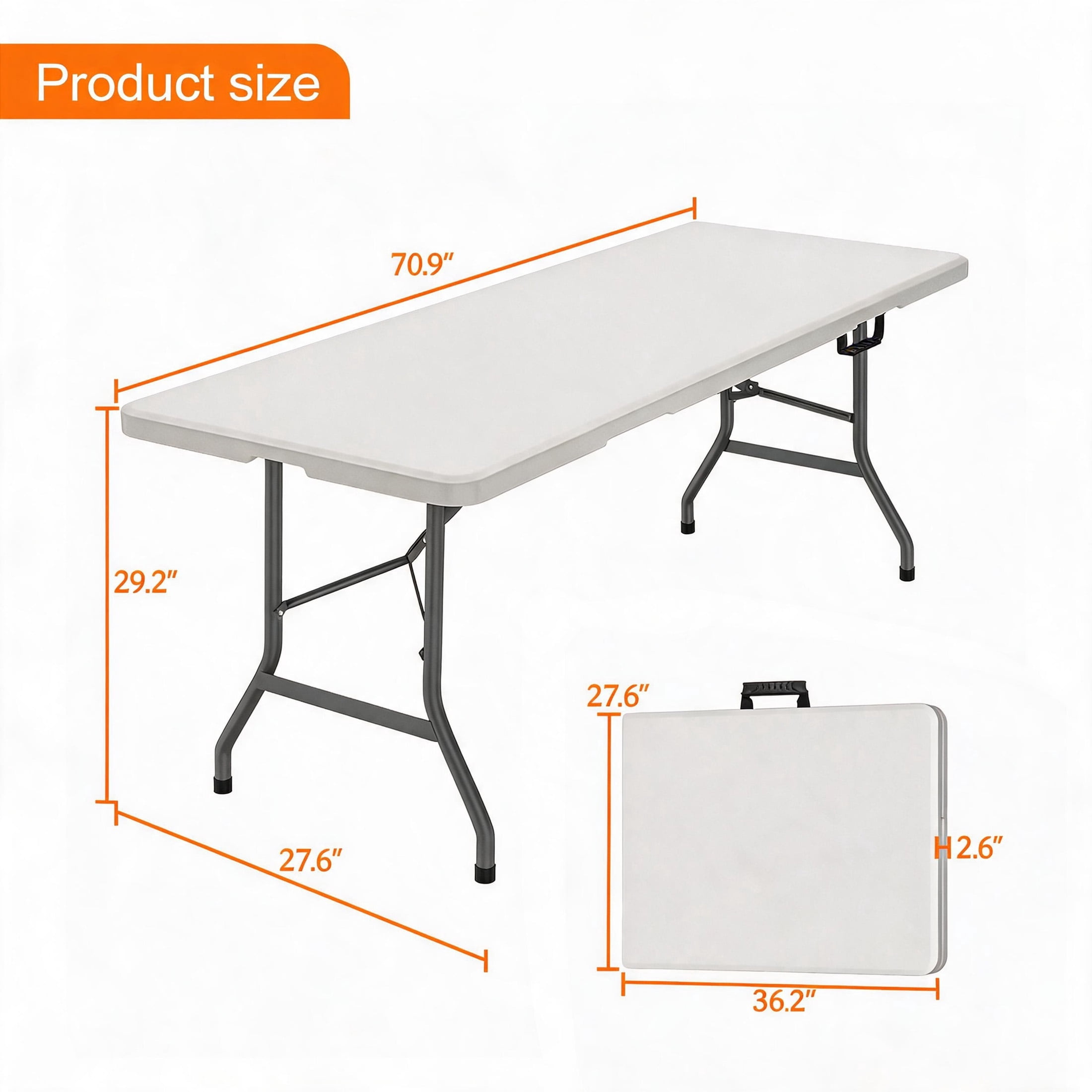 MAYEERTY 6FT Foldable Rectangular Folding Table, Portable Heavy Duty Utility Fold Up Table with Carrying Handle, Indoor Outdoor Waterproof for Dining, Picnic, Party, Camping, Banquet