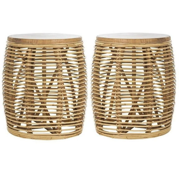Home Square 18" Round Rattan Accent End Table in Natural - Set of 2